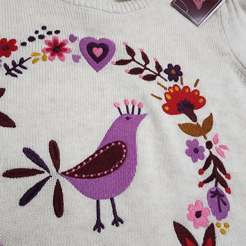 Gymboree Girls Purple Birds & Flowers Embroidery Wreath Knit Sweater Size 7 NEW